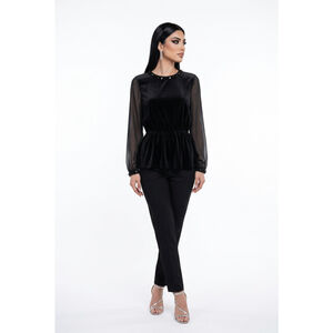 Women's Adrianna Papell Black Velvet Blouse Sheer Sleeves Sz 10 Evening Cocktail